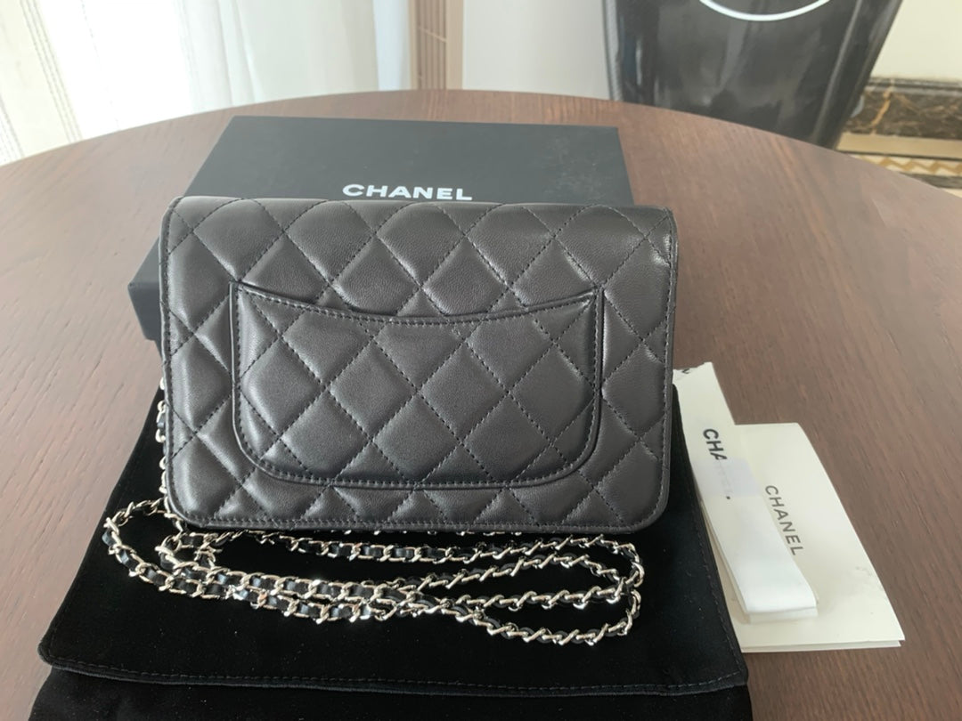 CHANEL MINI 19 CLASSIC WALLET WITH STRAP IN BLACK LAMBSKIN WITH SILVER HARDWARE