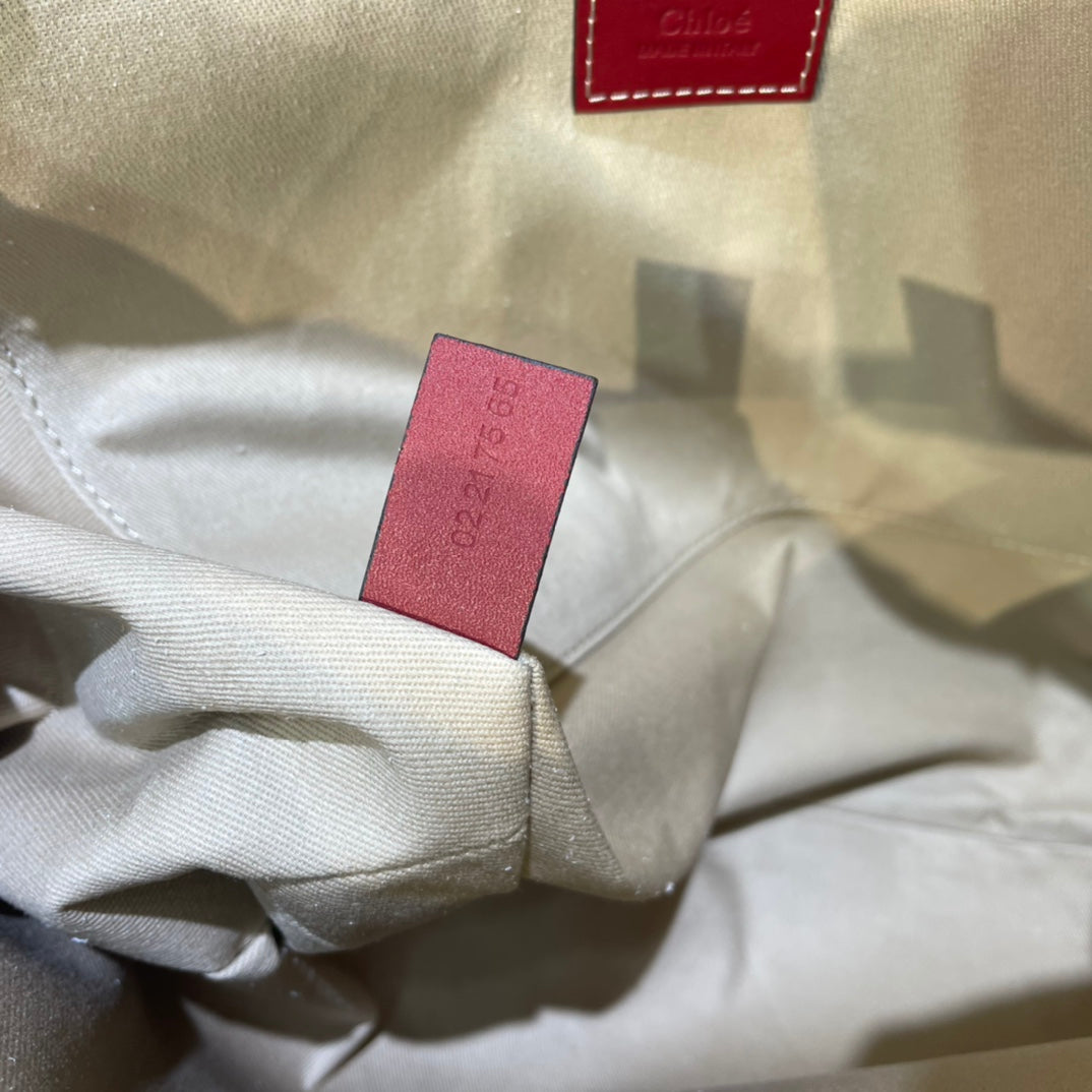 MEDIUM STRAP WOODY TOTE BAG 37 IN BEIGE LINEN CANVAS BLACK WEBBING LOGO EMBROIDER RED CALFSKIN