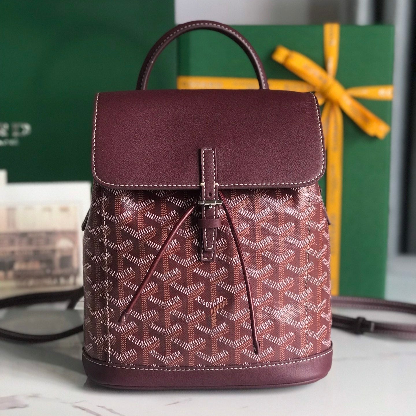 ALPIN MINI BACKPACK 21 IN WINE RED LAMBSKIN AND GOYARDINE CANVAS