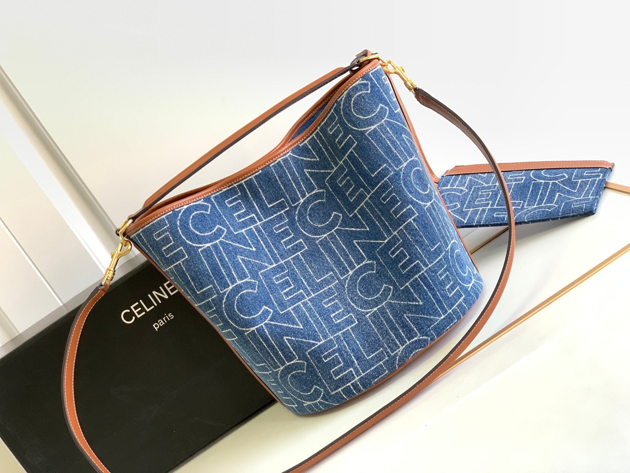 CELINE BUCKET 25 PRINTED DENIM BAG NAVY BLUE