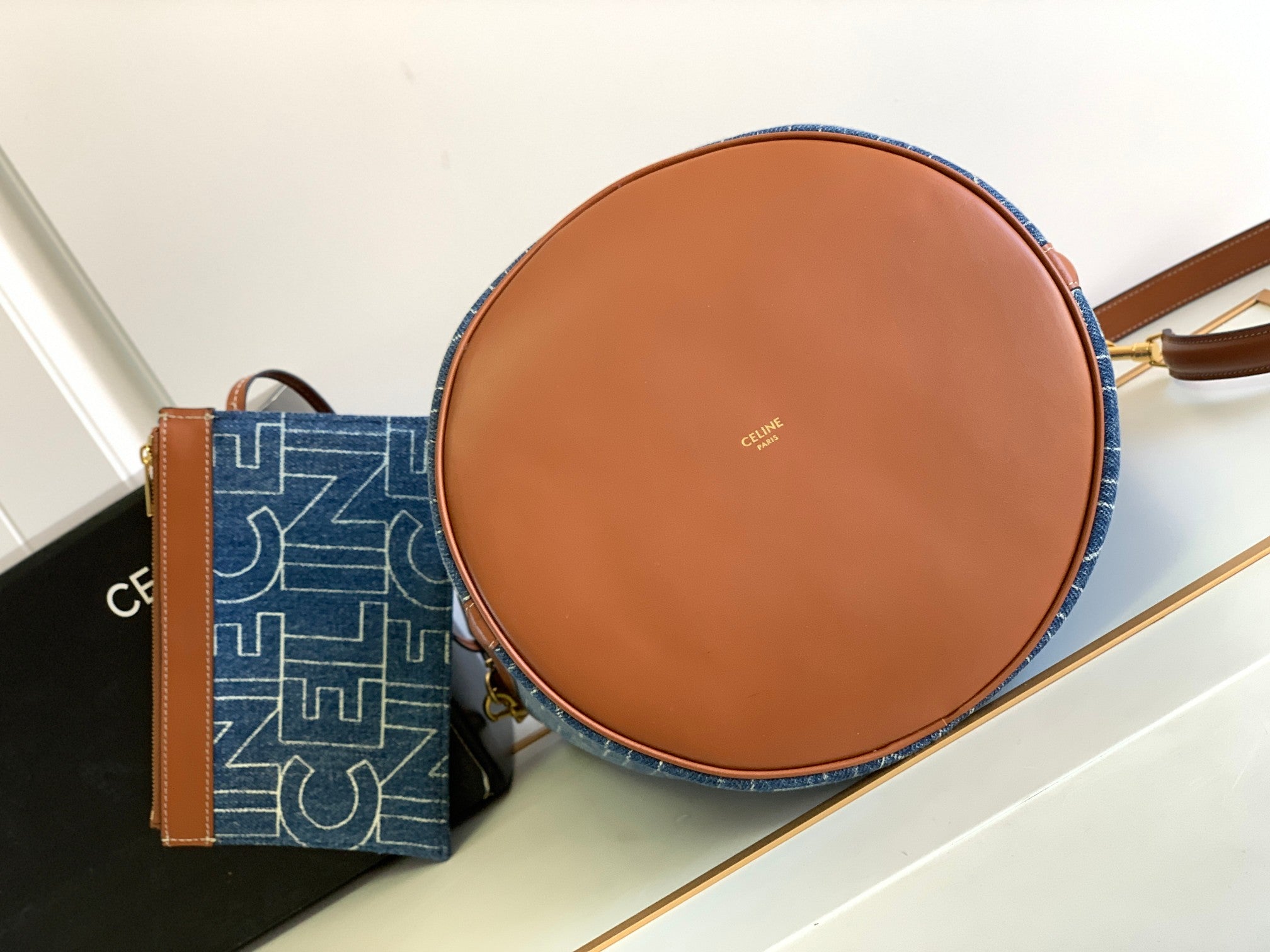 CELINE BUCKET 25 PRINTED DENIM BAG NAVY BLUE