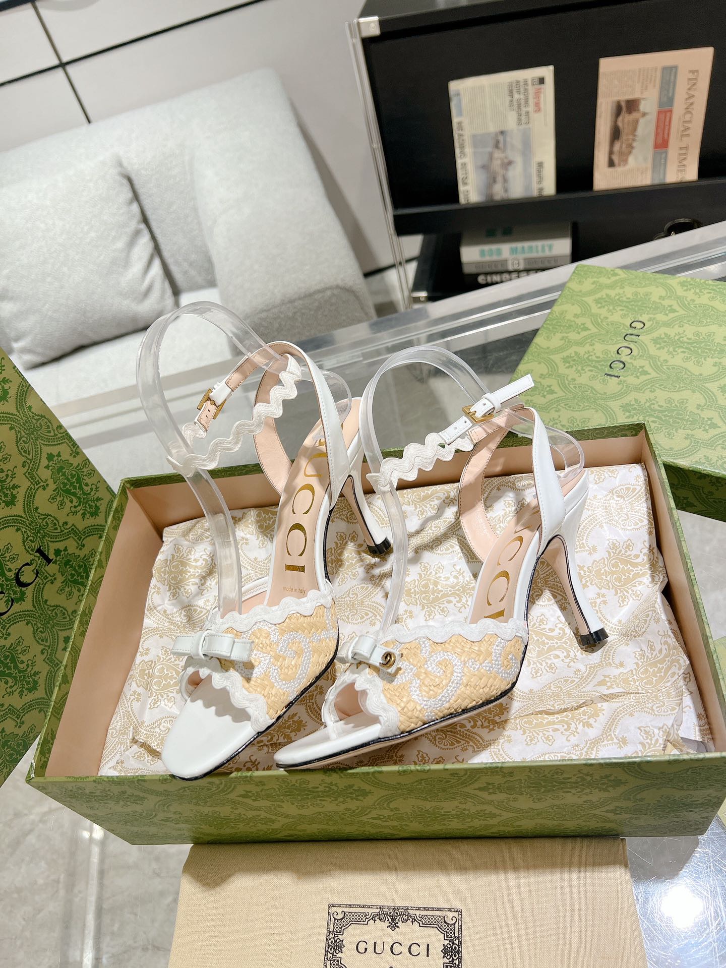 GUCCI HIGH - HEEL SANDAL WHITE FABRIC ATTACH BOW