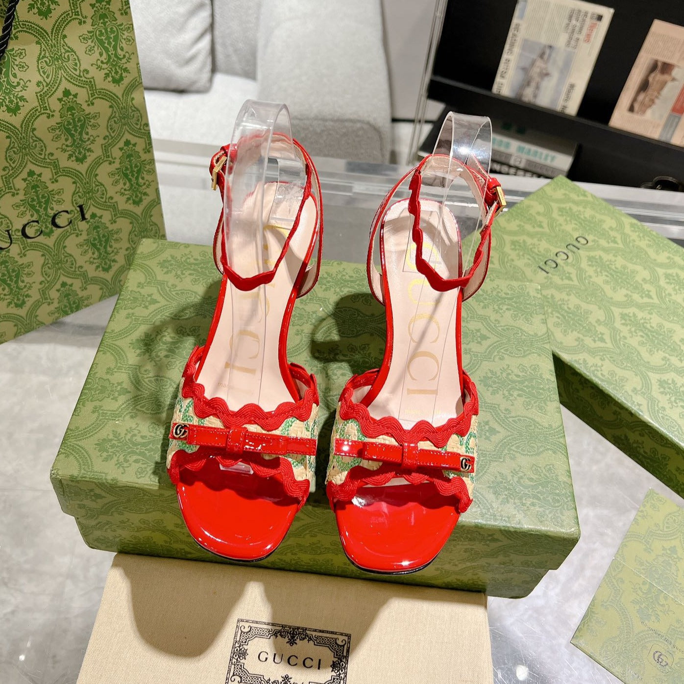 GUCCI HIGH - HEEL SANDAL CRIMSON FABRIC ATTACH BOW