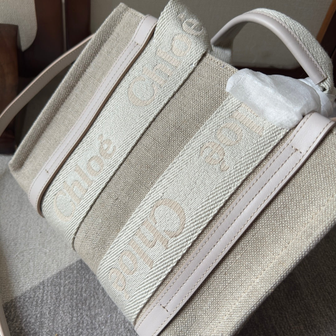 SMALL WOODY TOTE BAG 26.5 IN BEIGE LINEN CANVAS WEBBING LOGO EMBROIDER COTTON WHITE CALFSKIN