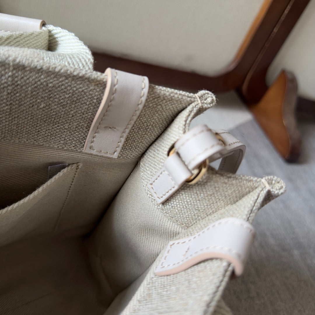 SMALL WOODY TOTE BAG 26.5 IN BEIGE LINEN CANVAS WEBBING LOGO EMBROIDER COTTON WHITE CALFSKIN