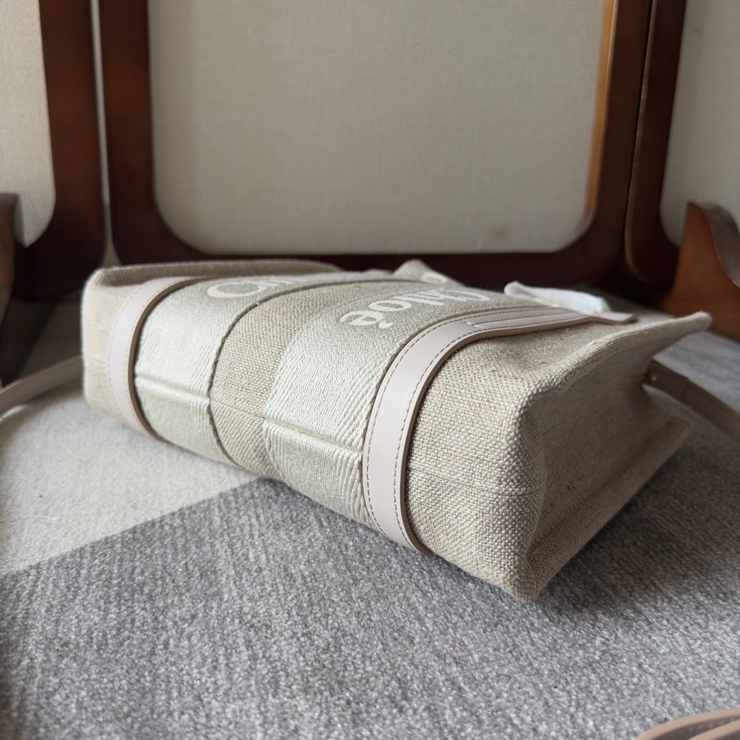 SMALL WOODY TOTE BAG 26.5 IN BEIGE LINEN CANVAS WEBBING LOGO EMBROIDER COTTON WHITE CALFSKIN