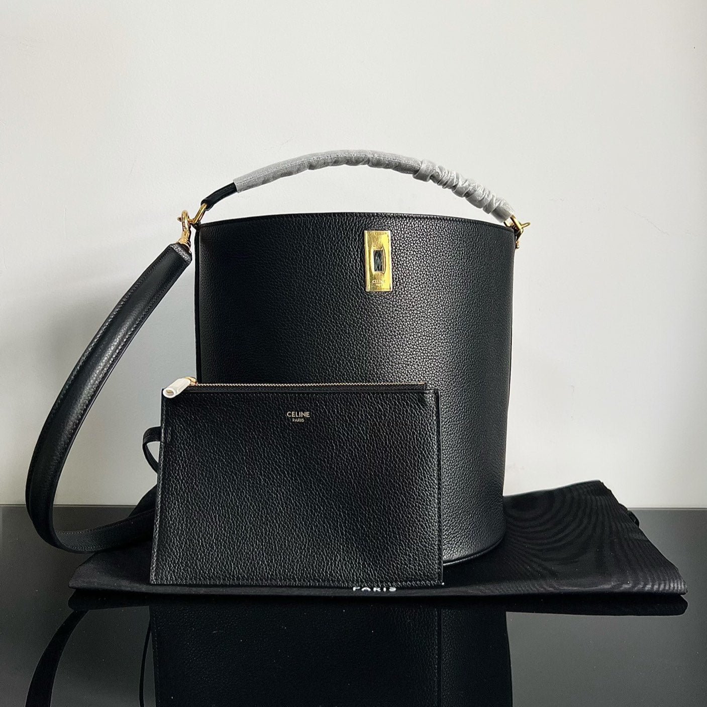CELINE WOOL BUCKET BAG BLACK 24 ORIGINAL CALFSKIN