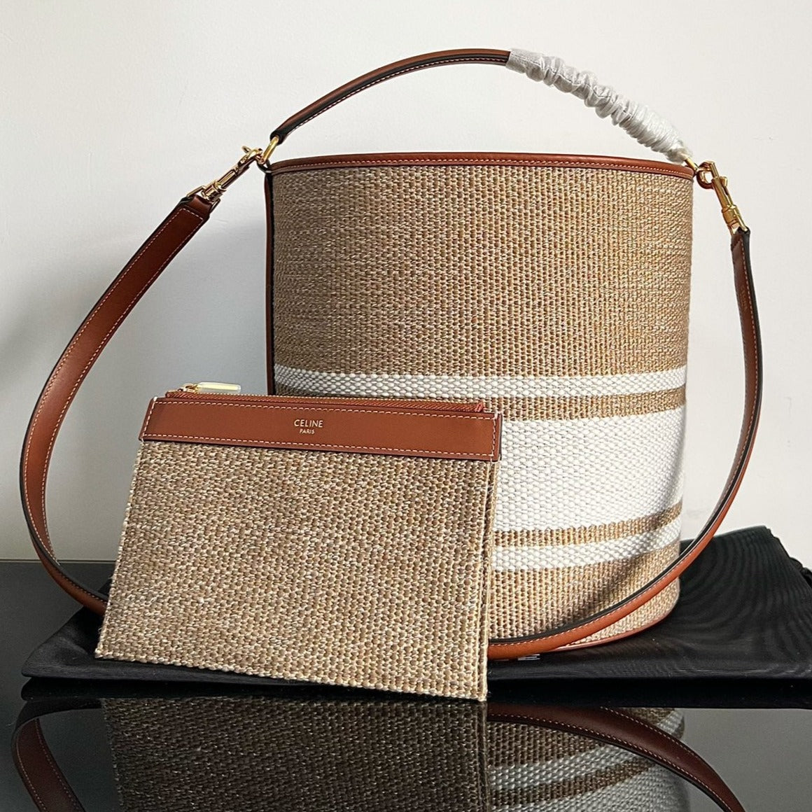 CELINE WOOL BUCKET BAG 24 BEIGE CREAM ORIGINAL CALFSKIN