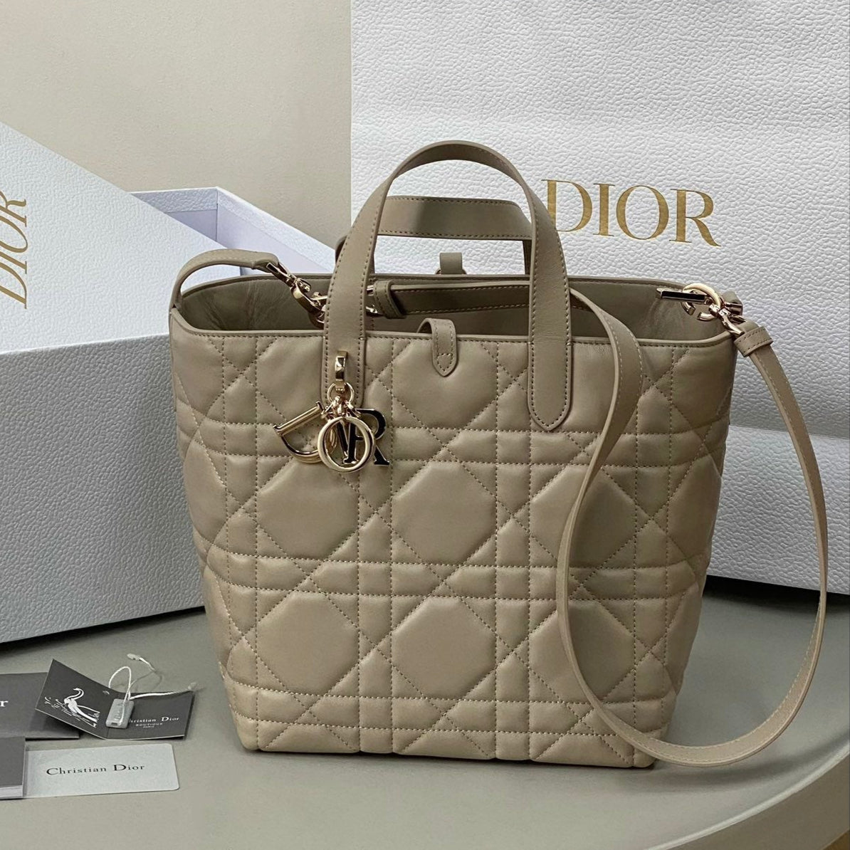 DIOR MEDIUM TOUJOURS BUCKET BAG 22 IN BEIGE CANNAGE CALFSKIN