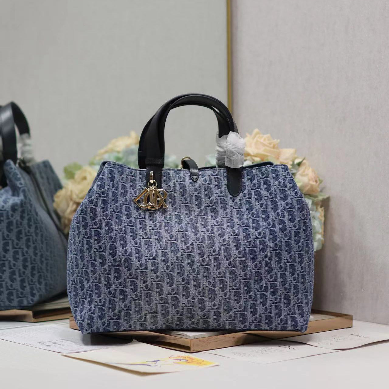 DIOR LARGE TOUJOURS 37 BLUE DENIM OBLIQUE JACQUARD