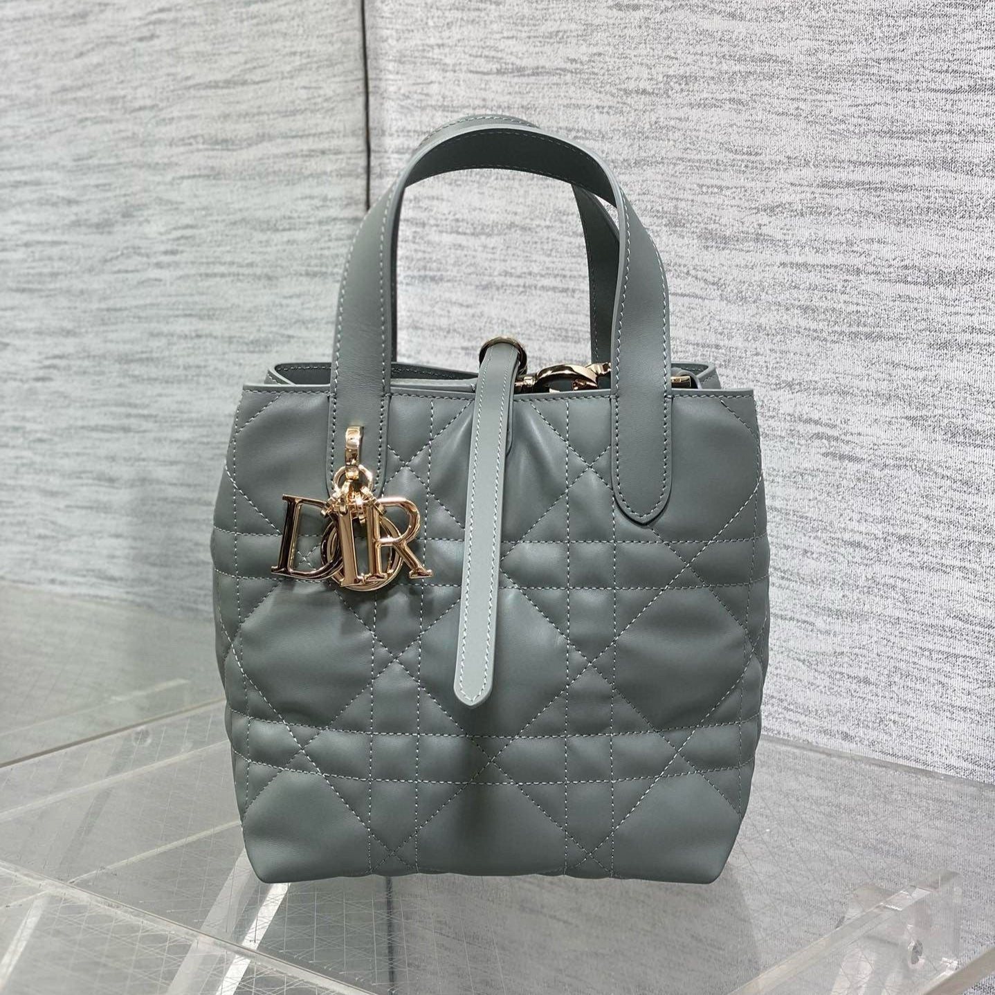 DIOR MINI TOUJOURS BUCKET BAG 18 IN GREY CANNAGE CALFSKIN