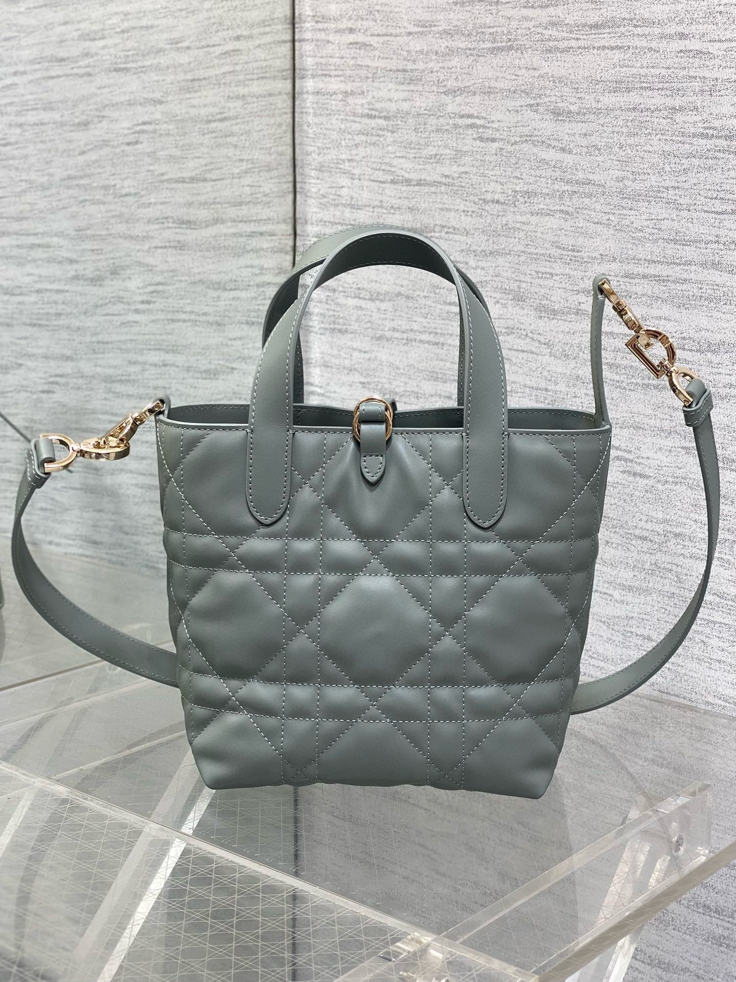 DIOR MINI TOUJOURS BUCKET BAG 18 IN GREY CANNAGE CALFSKIN