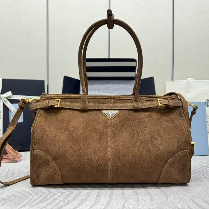 PRADA TOTE BAG WITH BELT 38 IN CHOCOLATE BROWN SUEDE GOLD HARDWARE