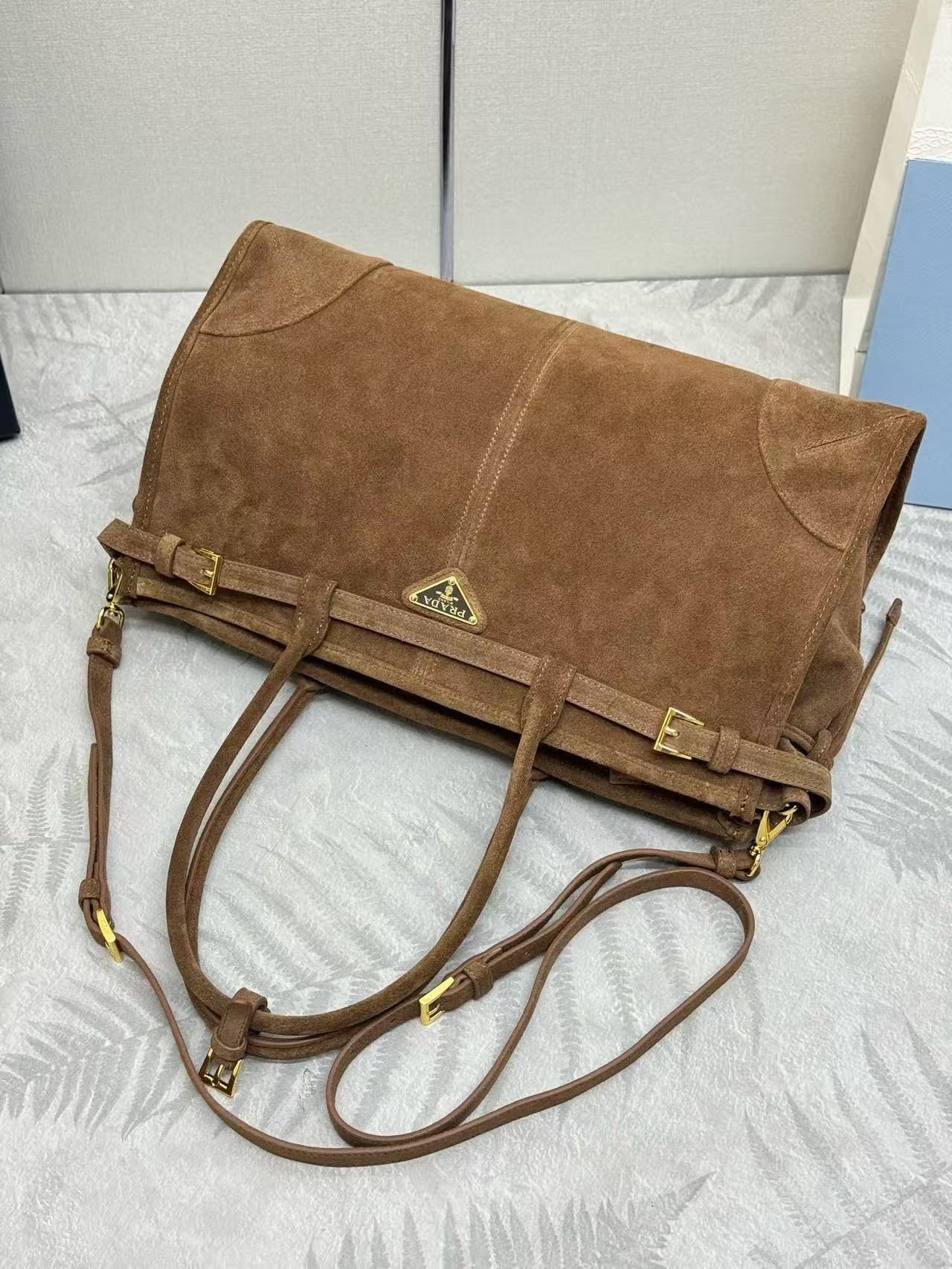 PRADA TOTE BAG WITH BELT 38 IN CHOCOLATE BROWN SUEDE GOLD HARDWARE