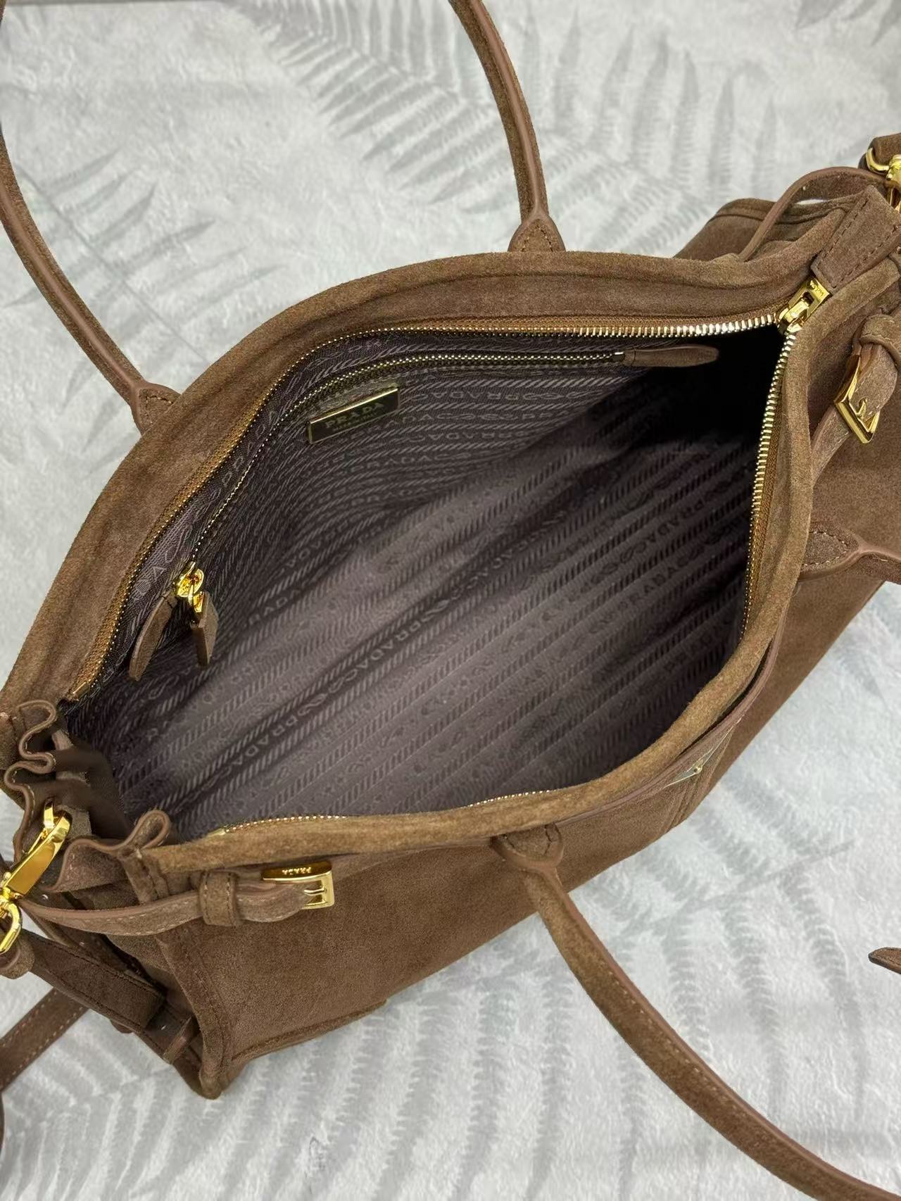 PRADA TOTE BAG WITH BELT 38 IN CHOCOLATE BROWN SUEDE GOLD HARDWARE