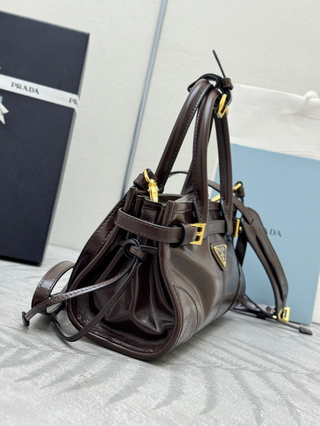 PRADA 25S BONNIE MINI HANDBAG 23 IN RK BROWN CALFSKIN GOLD HARDWARE