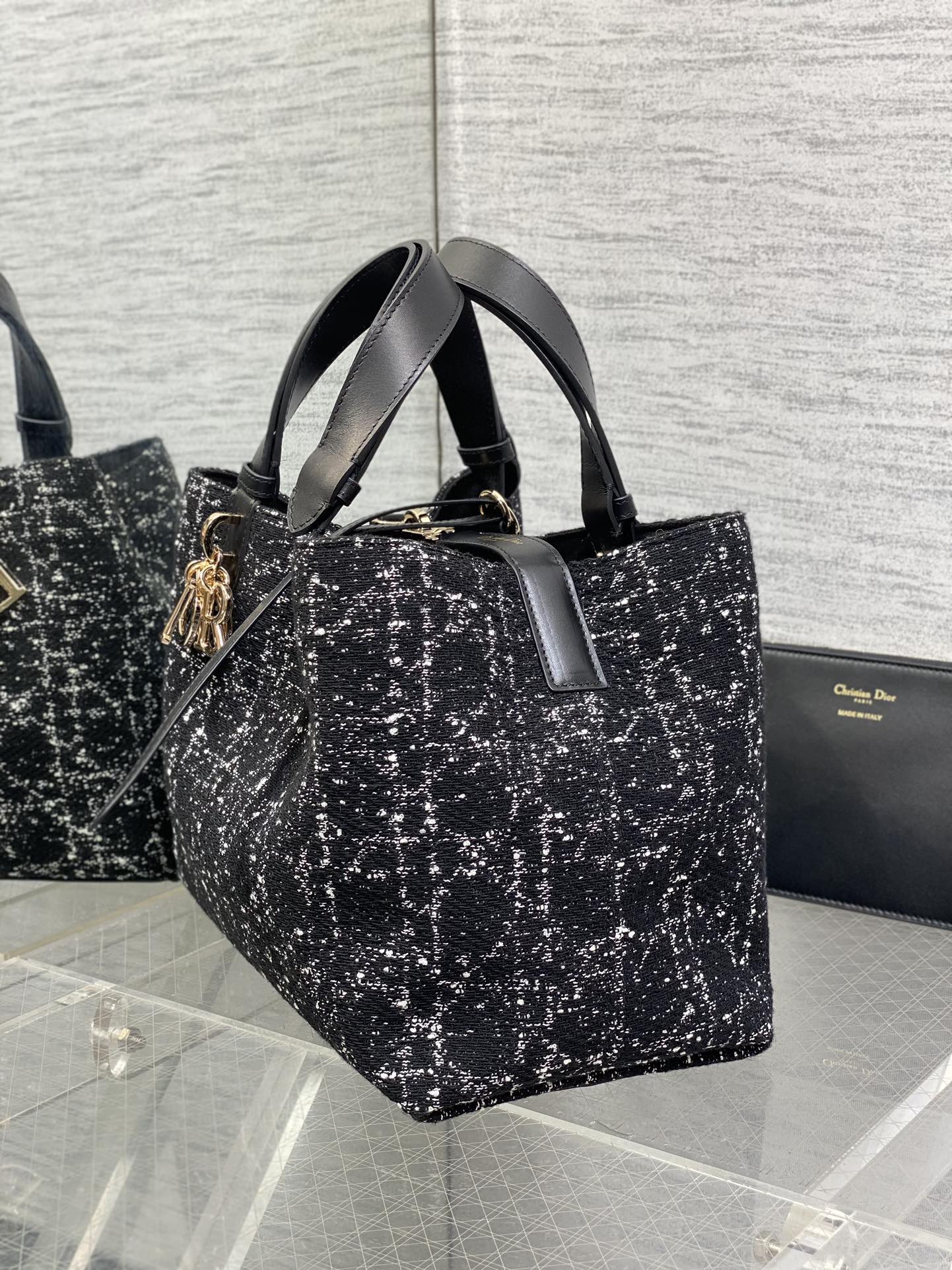 DIOR MEDIUM 28 TOUJOURS BAG IN BLACK MIX WHITE CANNAGE TWEED WITH GOLD HARDWARE