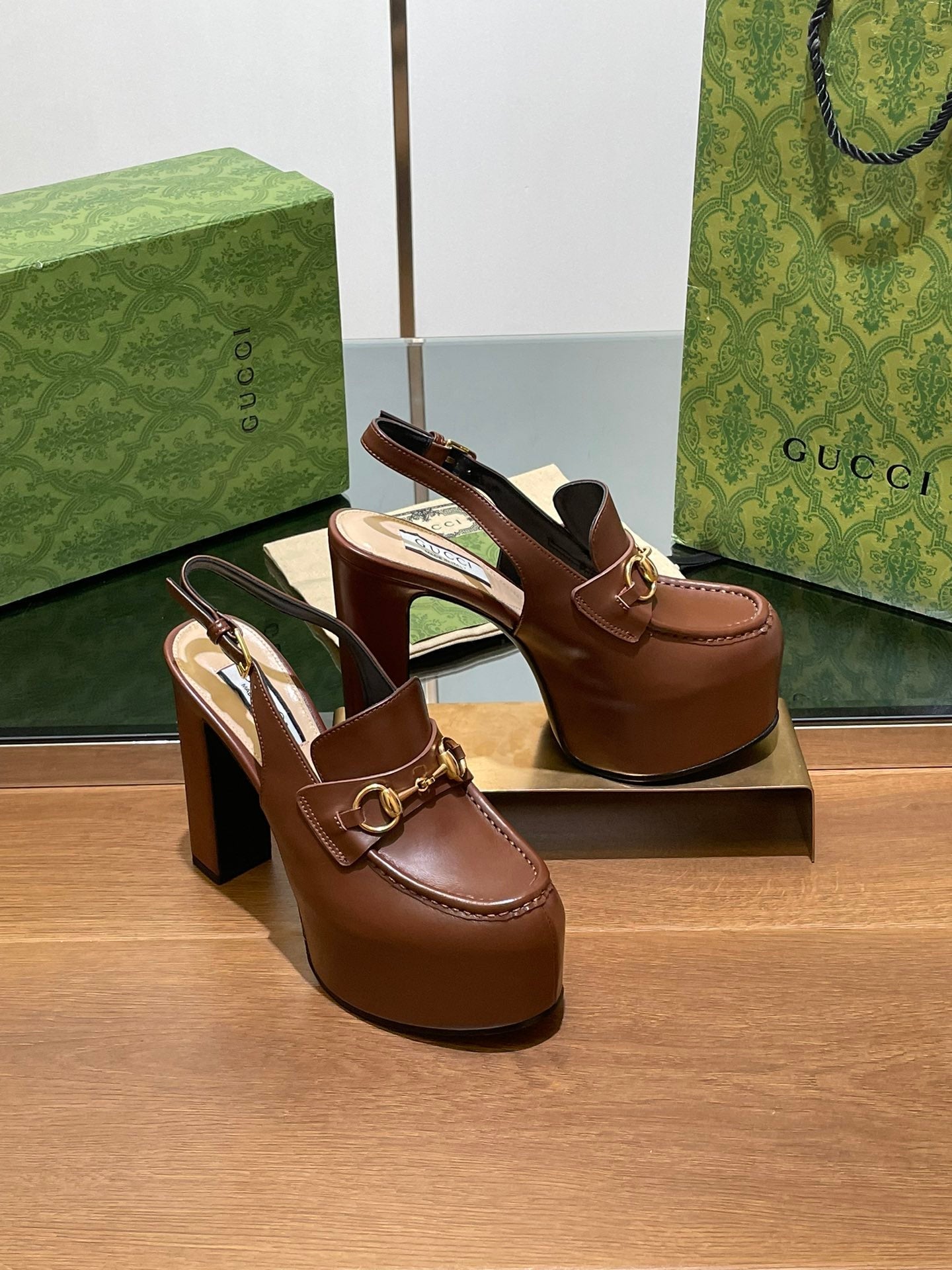 GUCCI WOMEN'S HORSEBIT PLATFORM LOAFER SLINGBACK IN DARK BROWN CALFSKIN