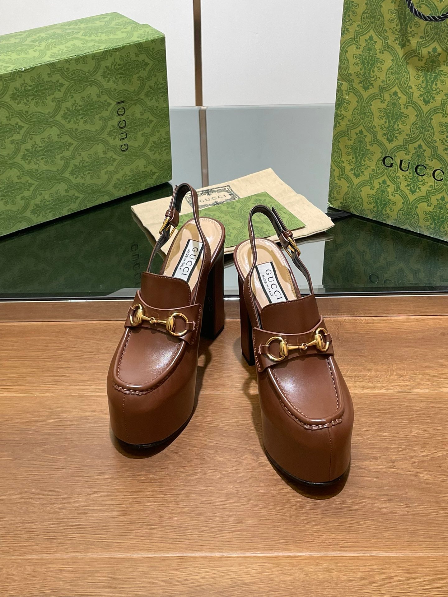 GUCCI WOMEN'S HORSEBIT PLATFORM LOAFER SLINGBACK IN DARK BROWN CALFSKIN