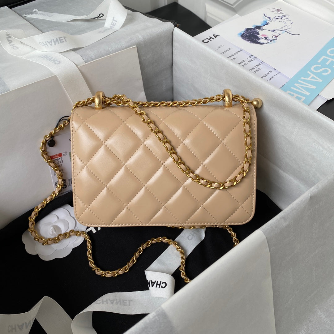 CHANEL MINI 19 FLAP BAG IN DARK BEIGE CALFSKIN GOLD HARDWARE