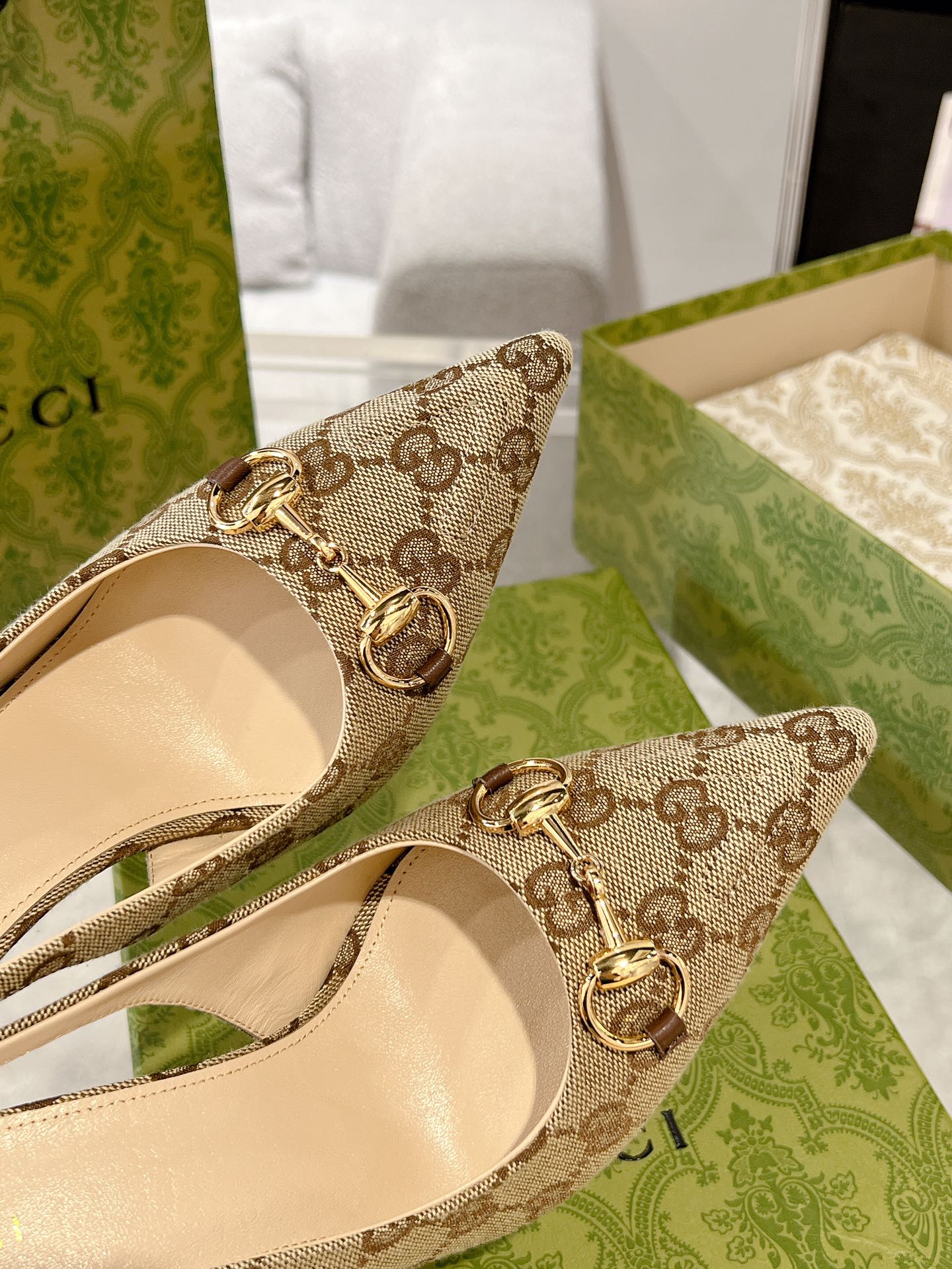 GUCCI HORSEBIT SLINGBACK 105 IN TAN BEIGE CANVAS