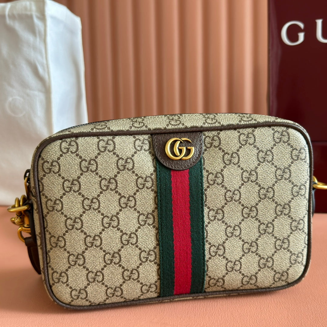 GUCCI 26S OPHIDIA CROSSBODY BAG 24 IN BROWN AND DARK BEIGE CANVAS