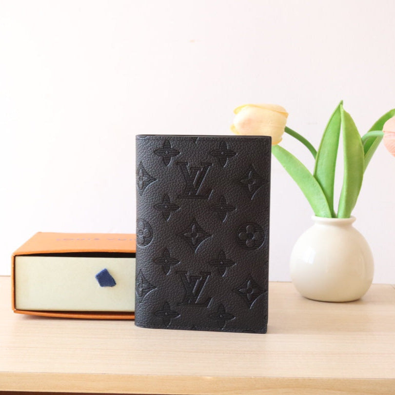 LOUIS VUITTON LV 25S PASSPORT HOLDER 14 IN BLACK EMBOSSED MONOGRAM SHADOW CALFSKIN