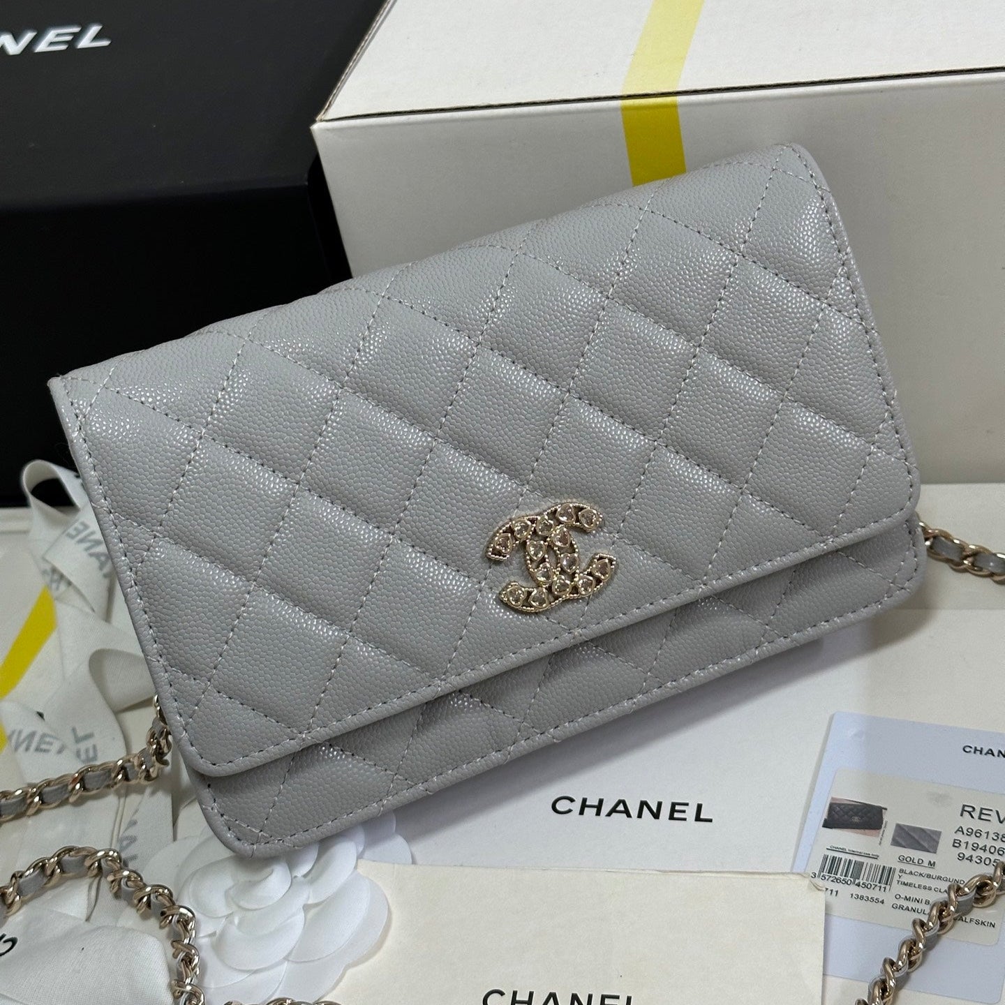 CHANEL STRASS WOC ENTRUPY BAG 19 IN SPANISH GREY CALFSKIN GOLD HARDWARE